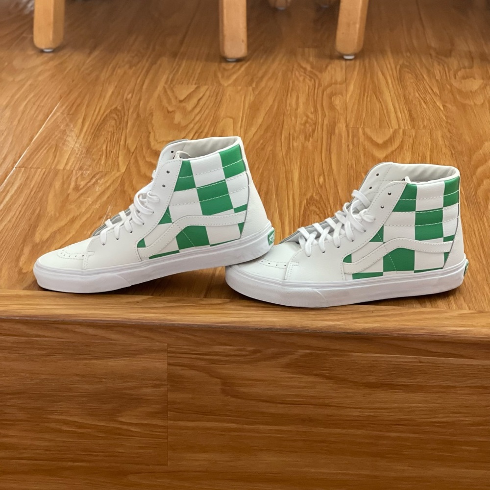 Vans SK8-Hi Green & White Leather Check Mens Size 8.5 Womens Size 10 Skate Shoes